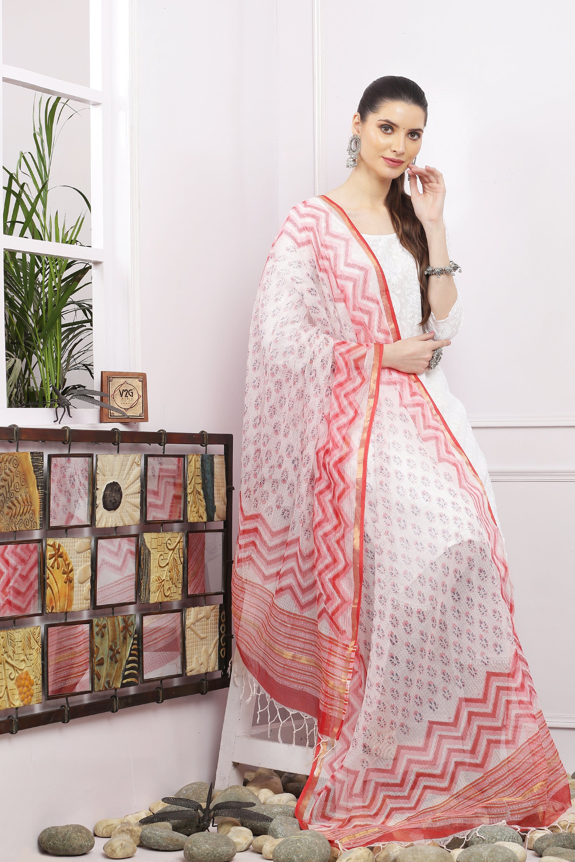 अks-Handblock Print Kota Doria Dupatta - Gold Red Lehriya with Buti