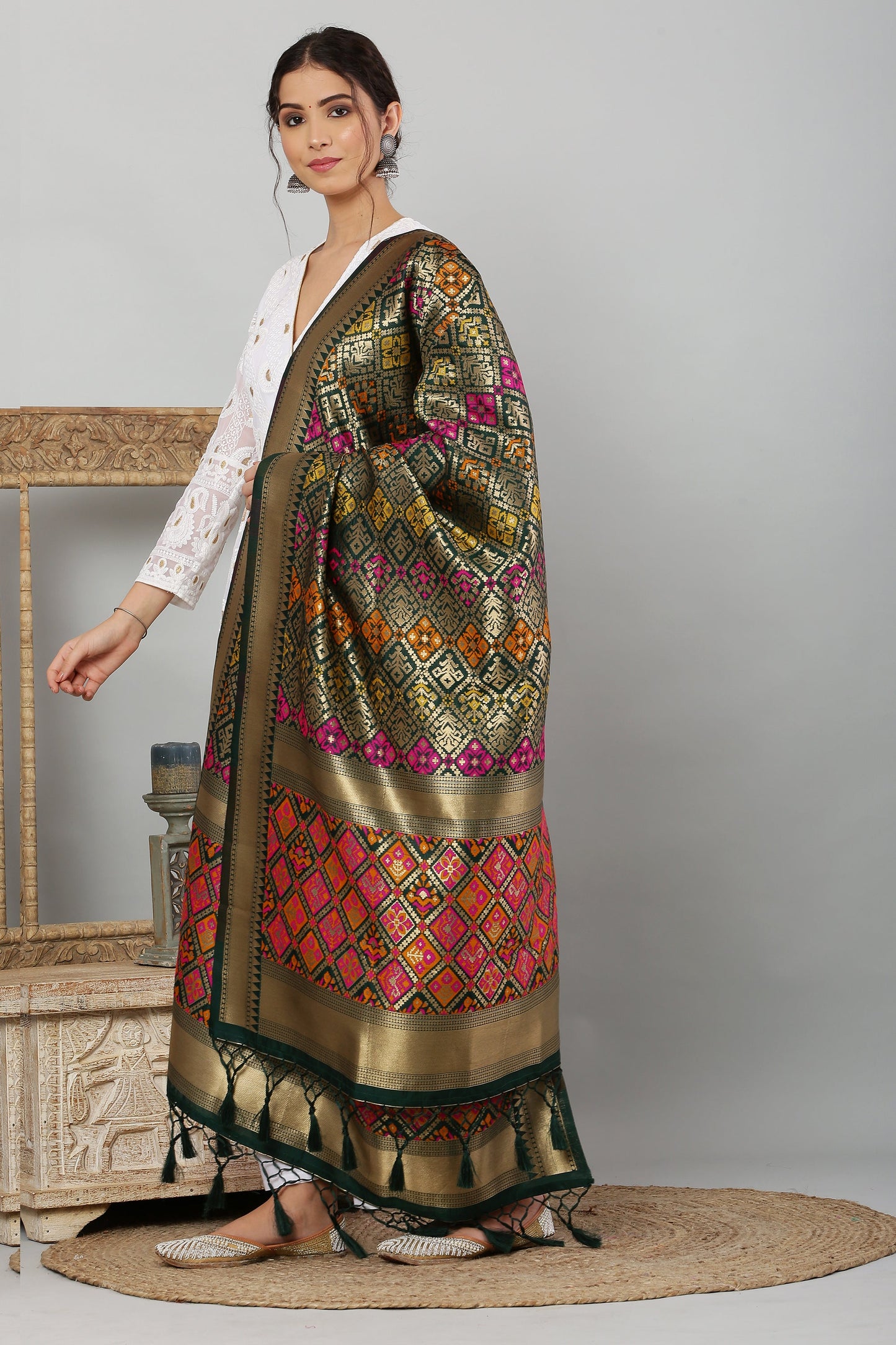 Dupatta-Banarasi Multi Patola- Bottle Green