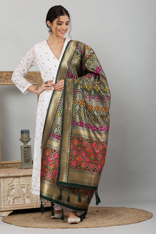 Dupatta-Banarasi Multi Patola- Bottle Green