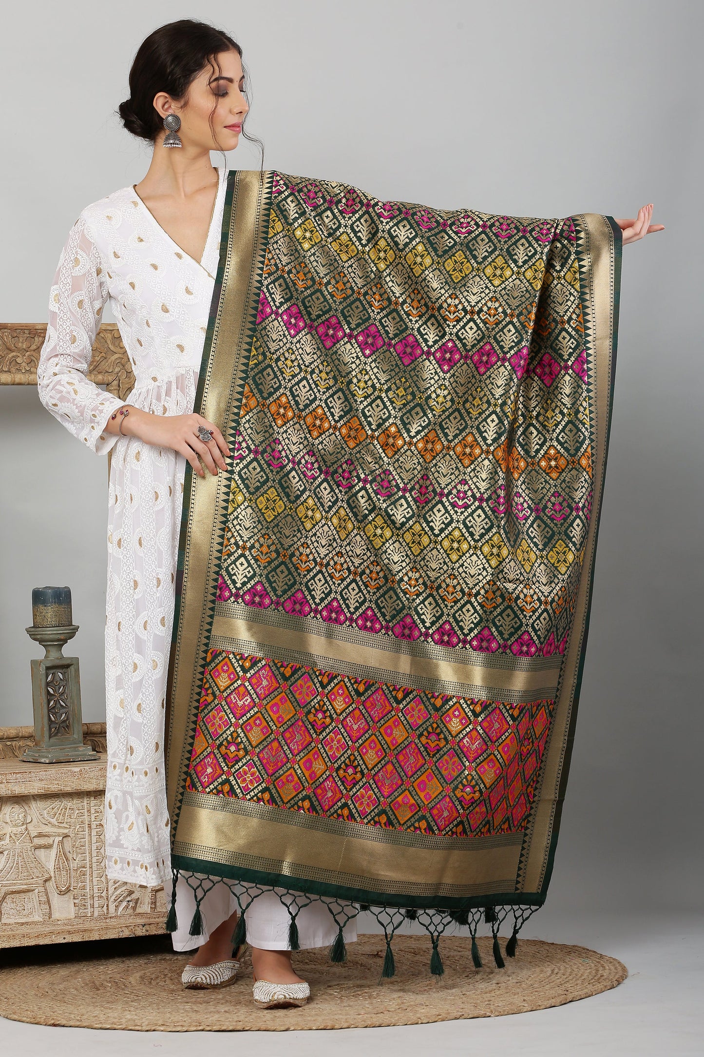 Dupatta-Banarasi Multi Patola- Bottle Green