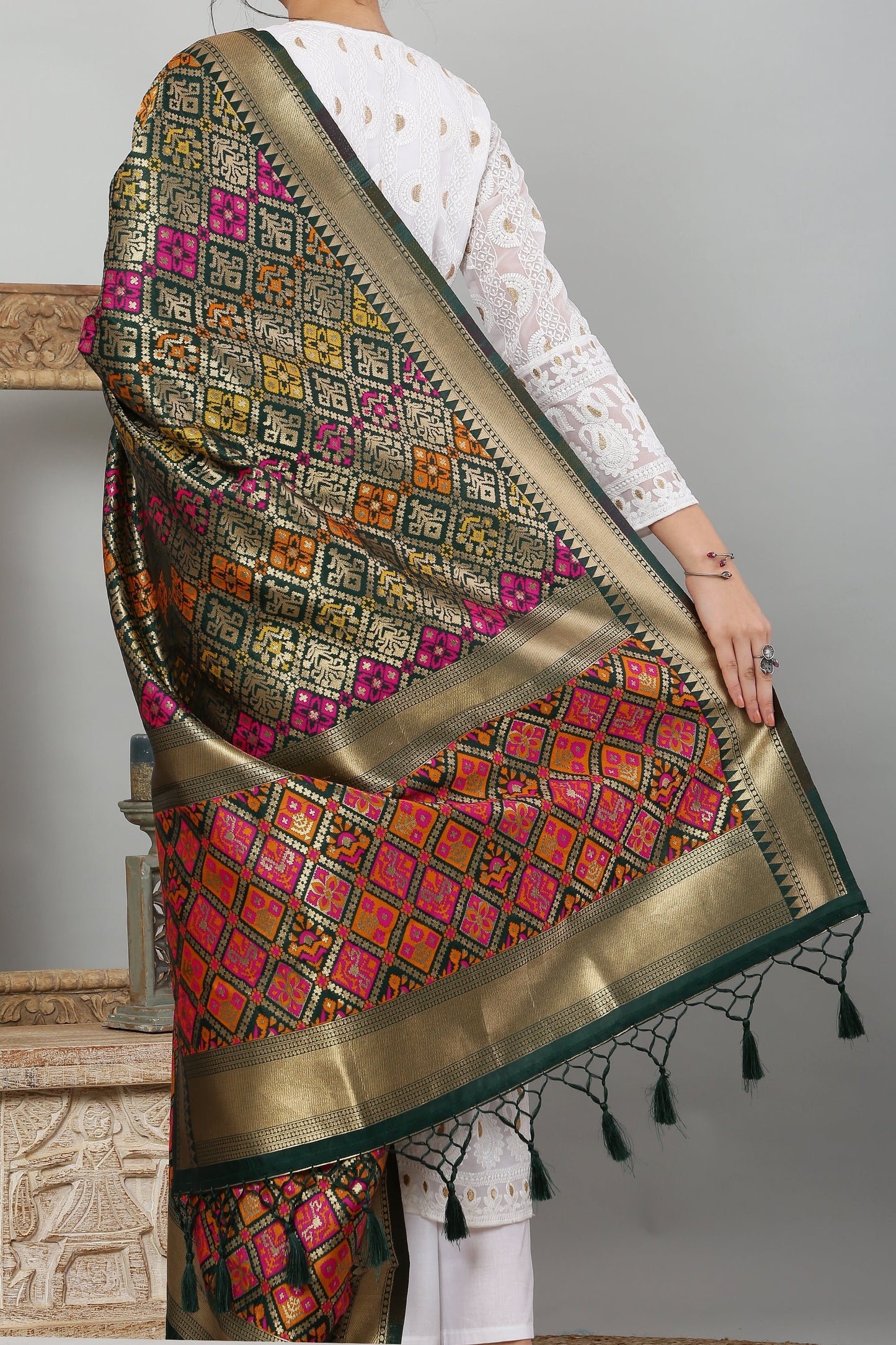 Dupatta-Banarasi Multi Patola- Bottle Green