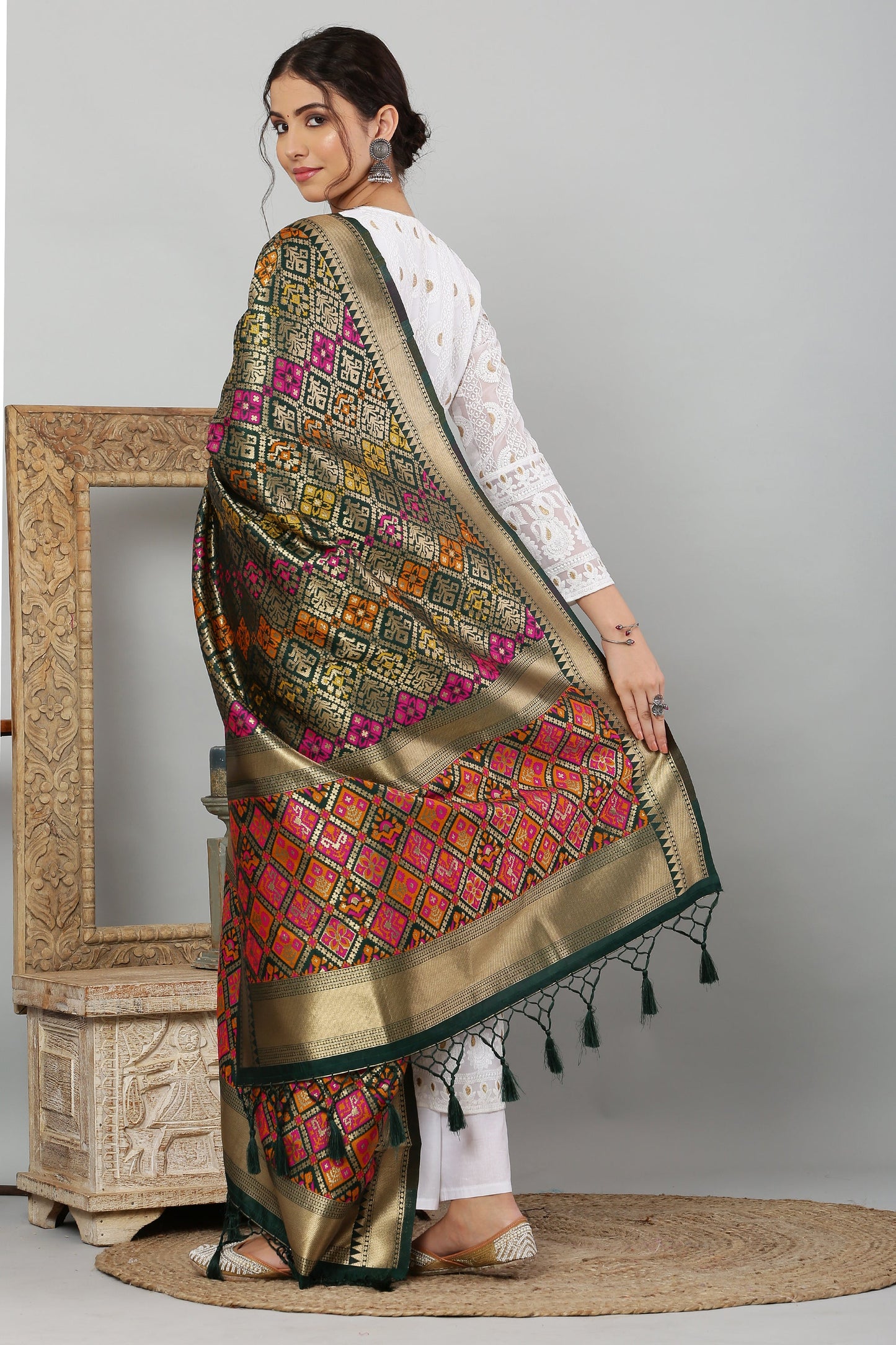 Dupatta-Banarasi Multi Patola- Bottle Green