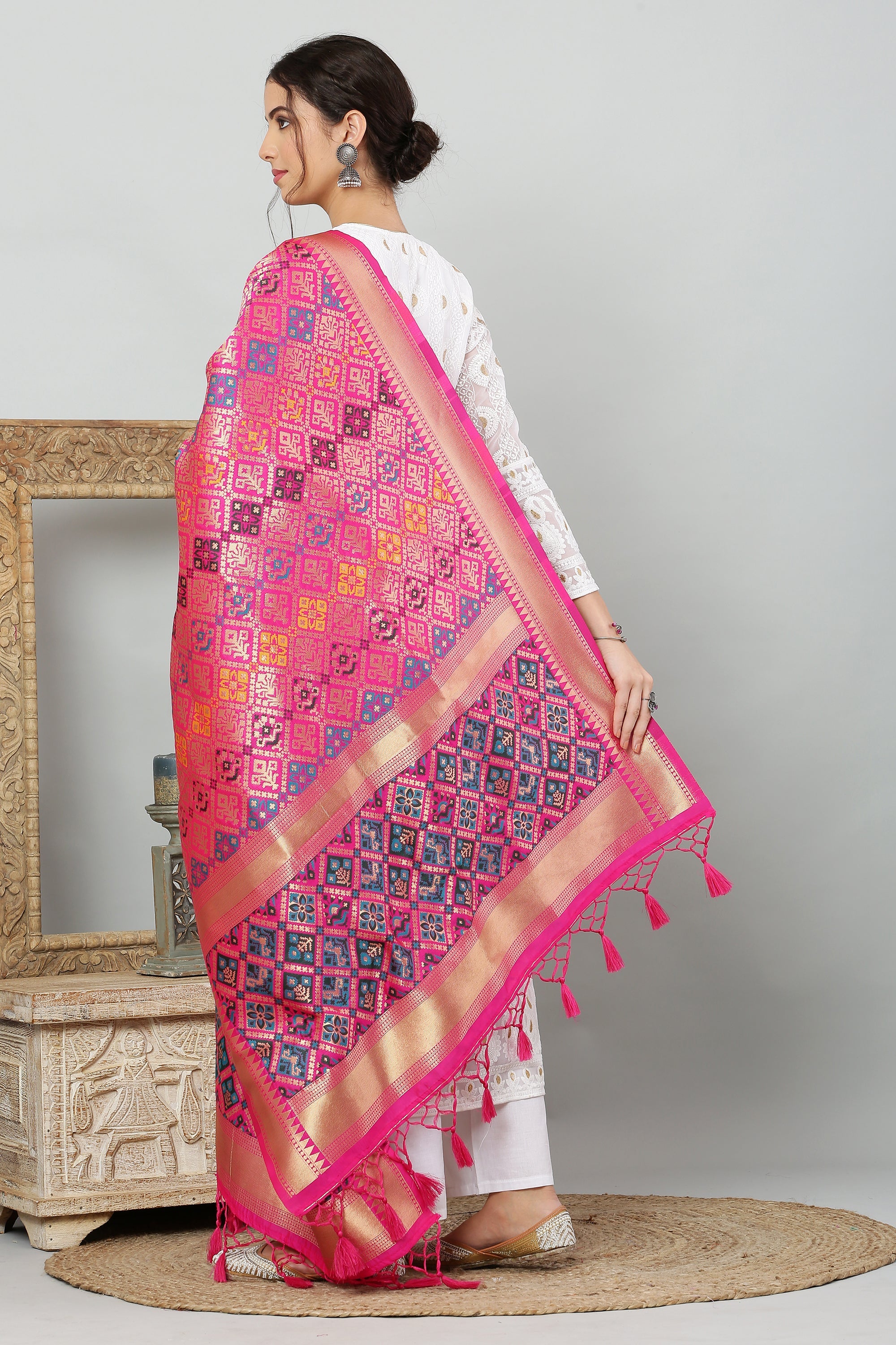 Dupatta-Banarasi Multi Patola-Hot Pink