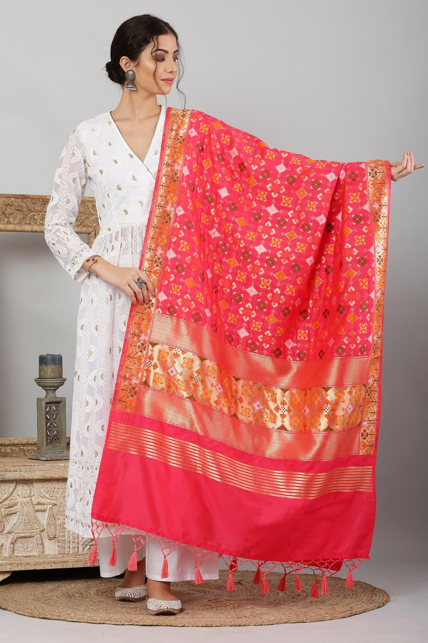 Dupatta-Banarasi Paithani Pattern- Hot Pink