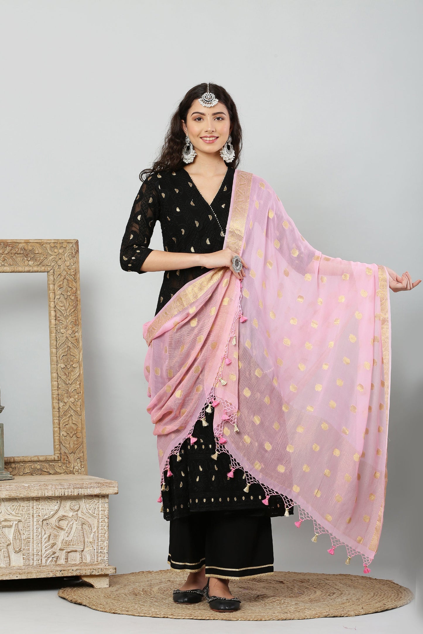 Dupatta- Banarasi Pure Chiffon-Pink
