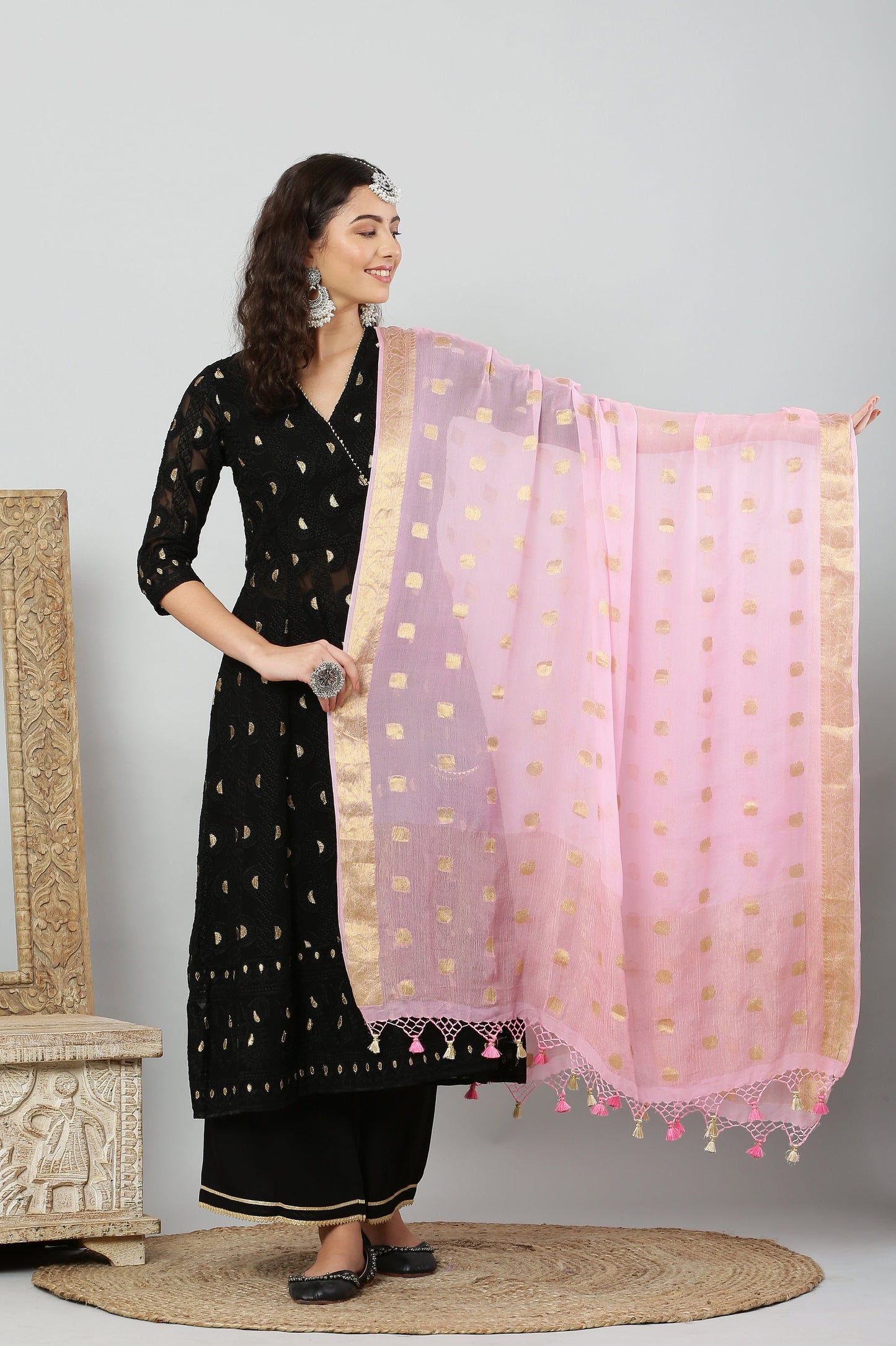 Dupatta- Banarasi Pure Chiffon-Pink