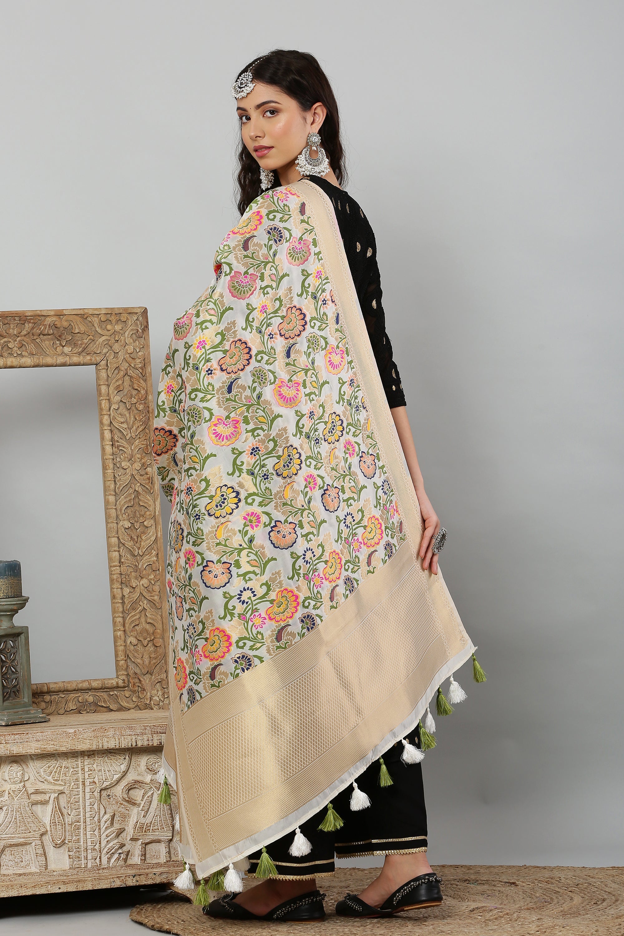 Dupatta-Banarasi Multi Mina Jaal- White