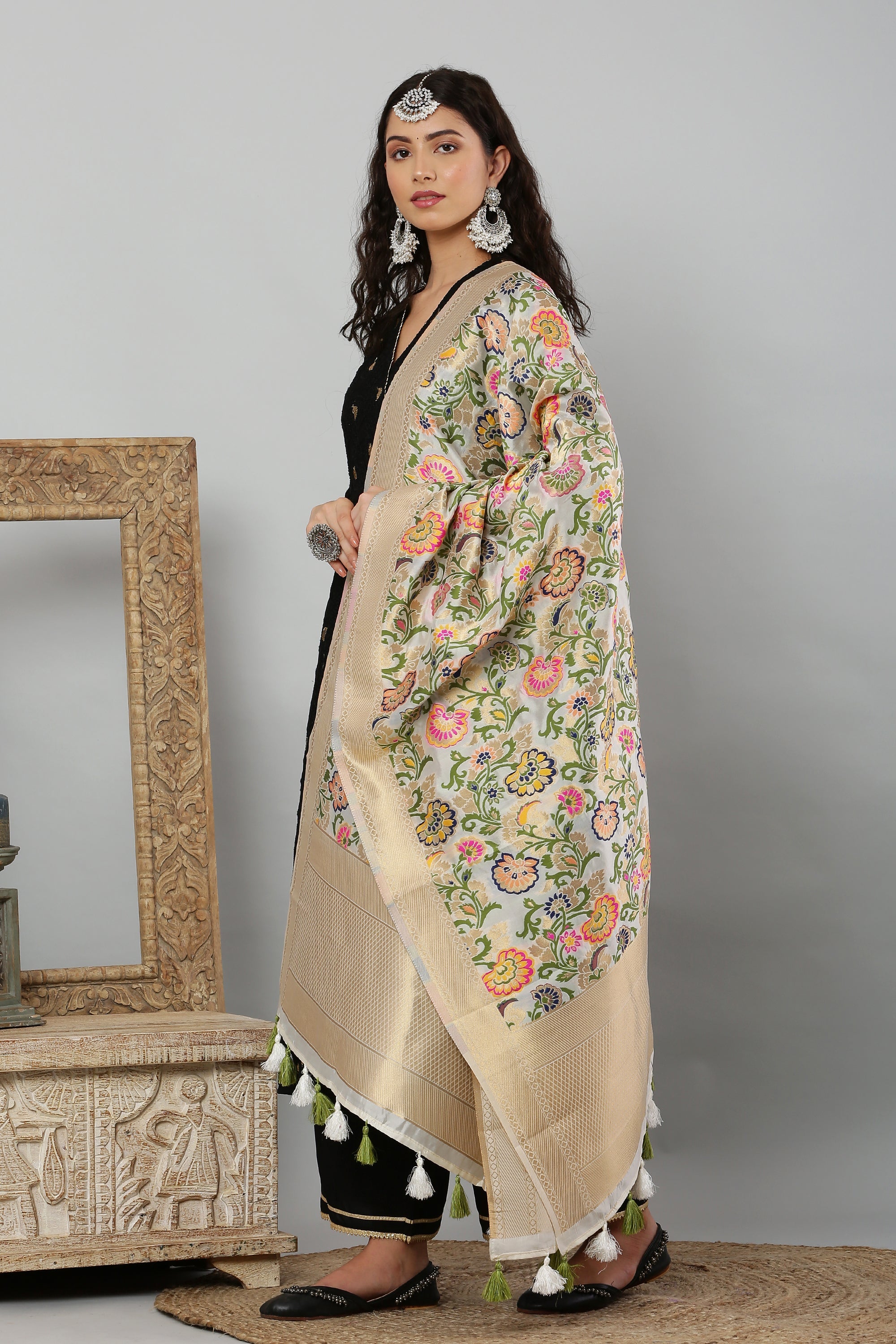 Dupatta-Banarasi Multi Mina Jaal- White