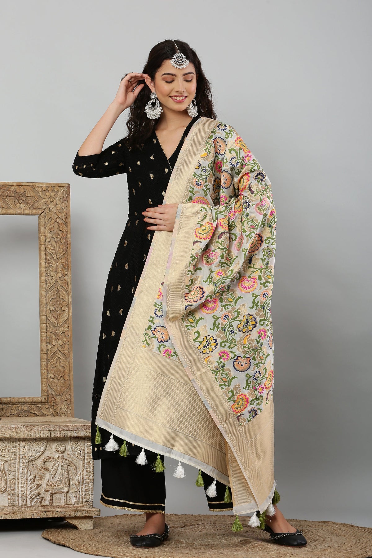 Dupatta-Banarasi Multi Mina Jaal- White