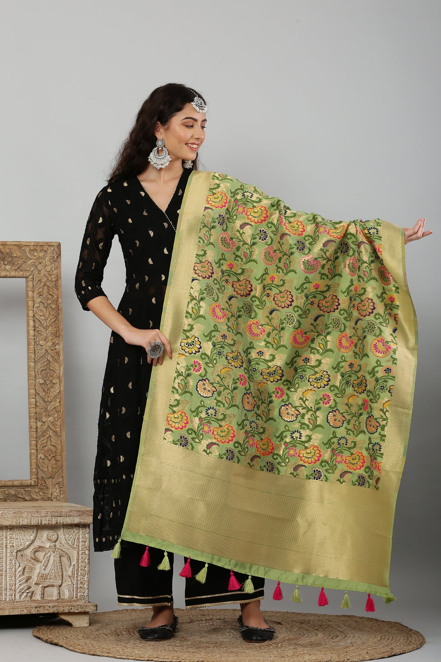 Dupatta-Banarasi Multi Mina Jaal- Green