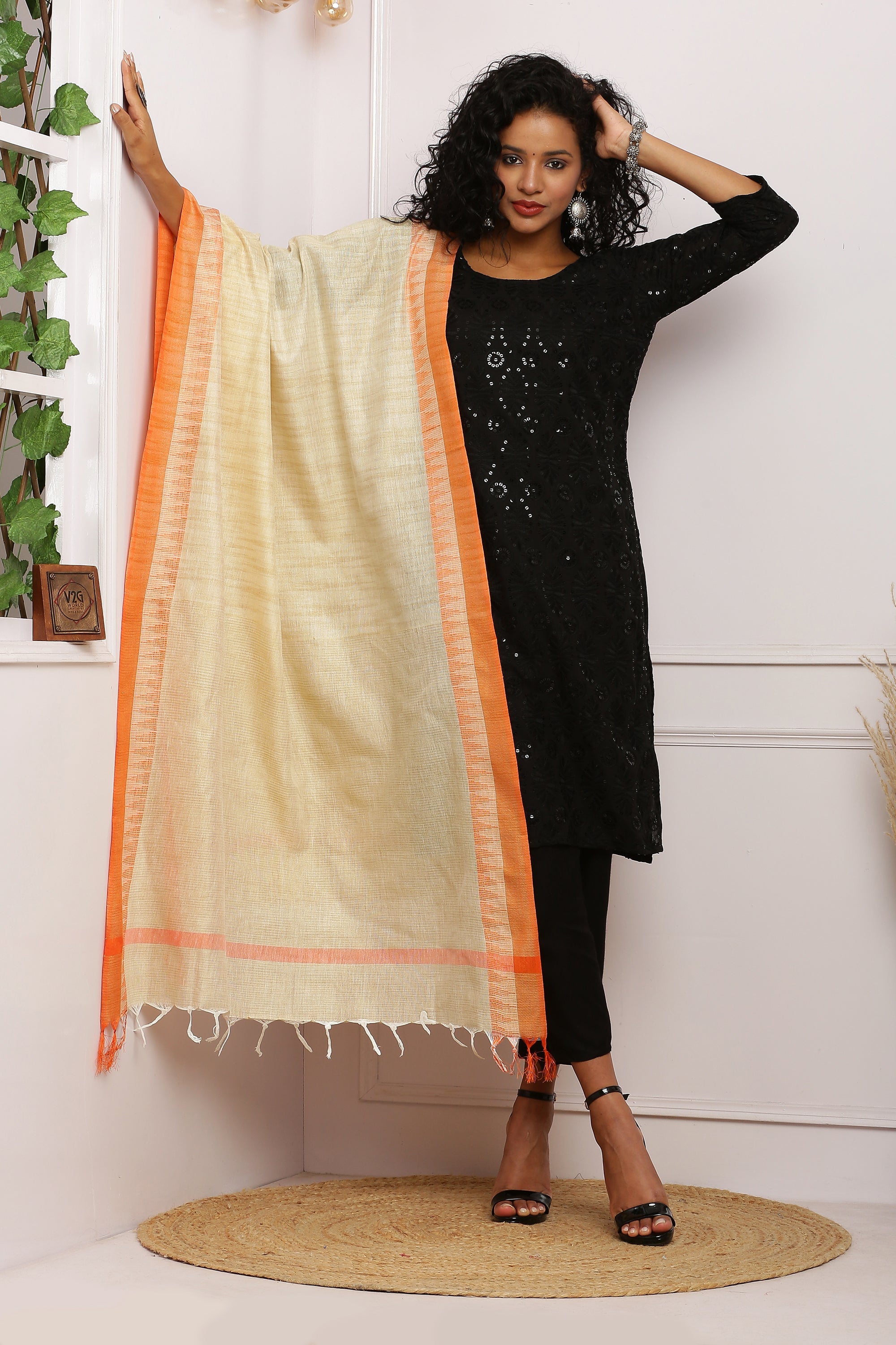 Dupatta - Cotton Dupion Silk Temple - Cream/Beige and Orange