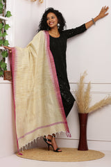 Dupatta - Cotton Dupion Silk Temple - Cream/Beige and Purple