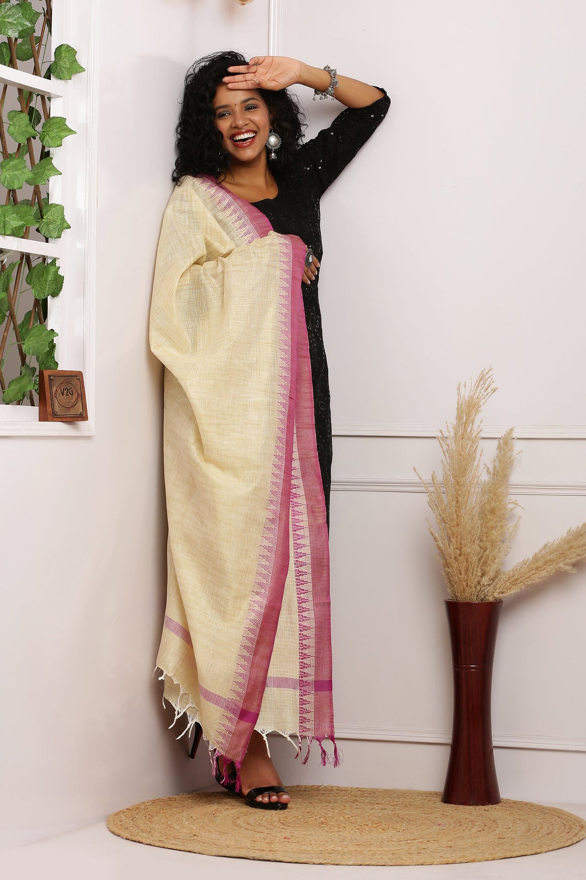 Dupatta - Cotton Dupion Silk Temple - Cream/Beige and Purple