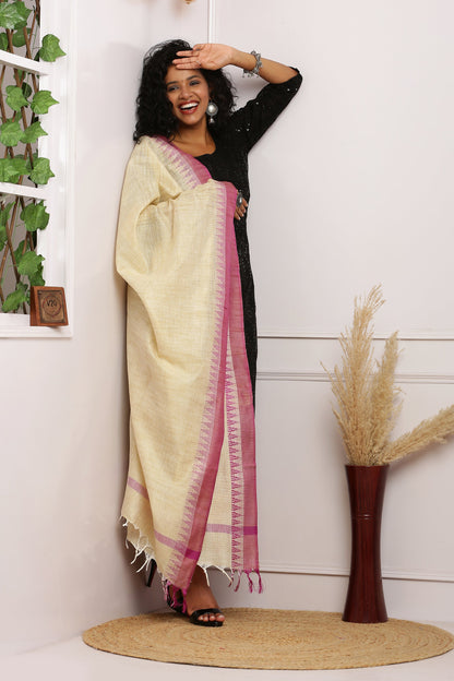 Dupatta - Cotton Dupion Silk Temple - Cream/Beige and Purple