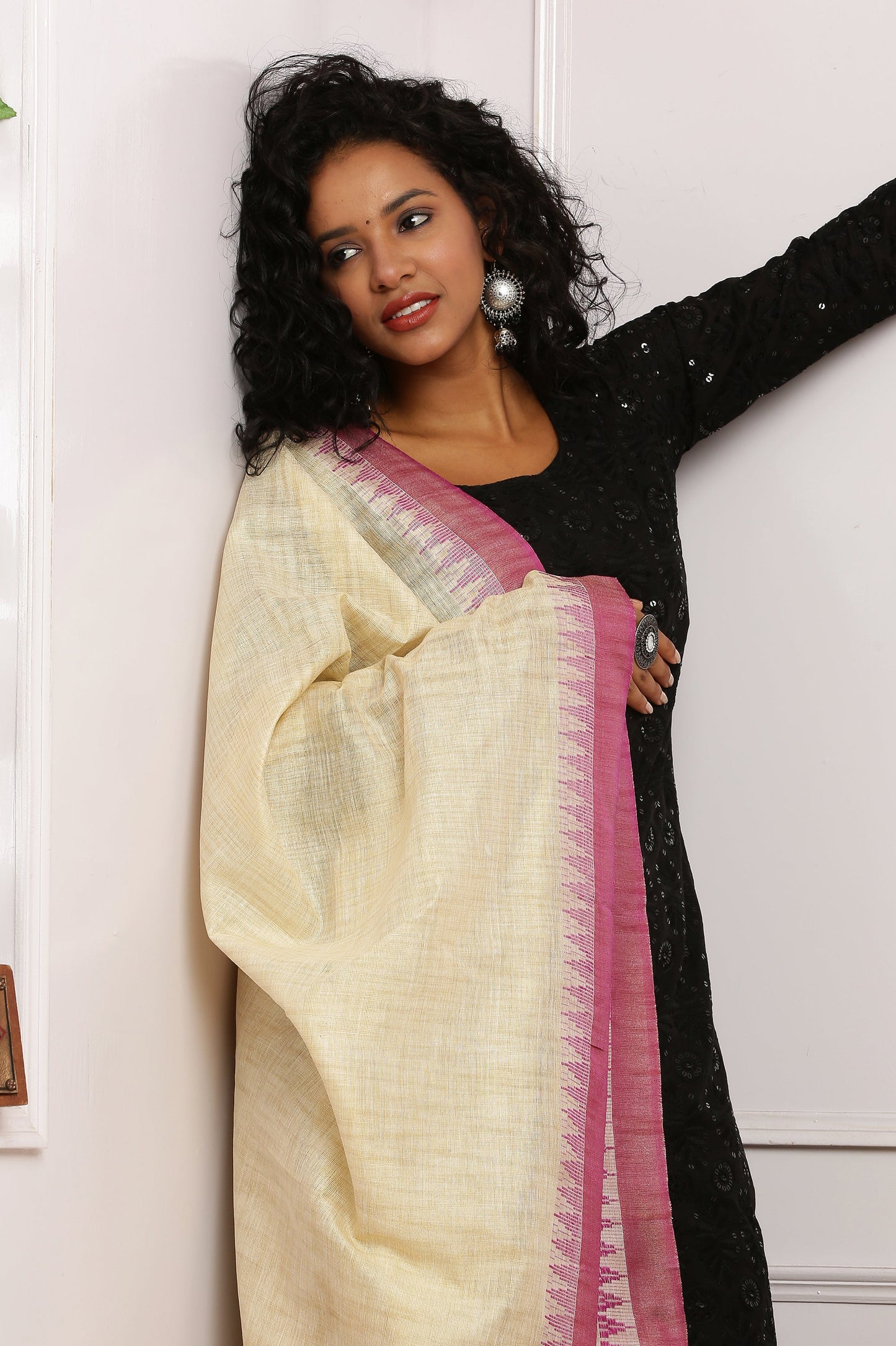 Dupatta - Cotton Dupion Silk Temple - Cream/Beige and Purple