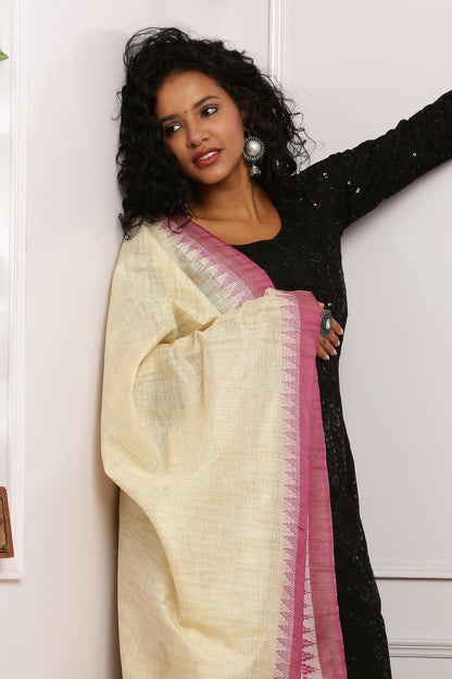 Dupatta - Cotton Dupion Silk Temple - Cream/Beige and Purple