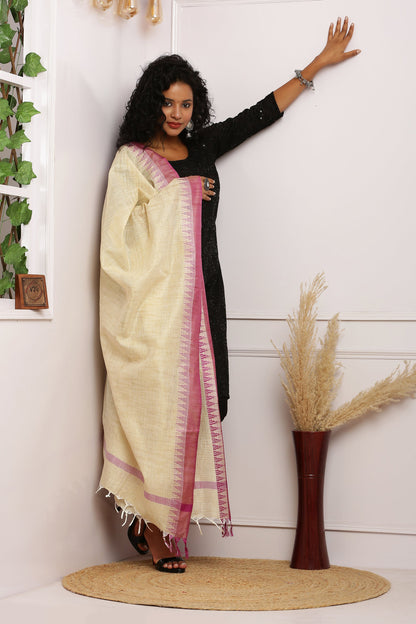 Dupatta - Cotton Dupion Silk Temple - Cream/Beige and Purple