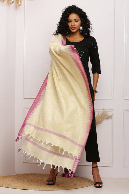 Dupatta - Cotton Dupion Silk Temple - Cream/Beige and Purple