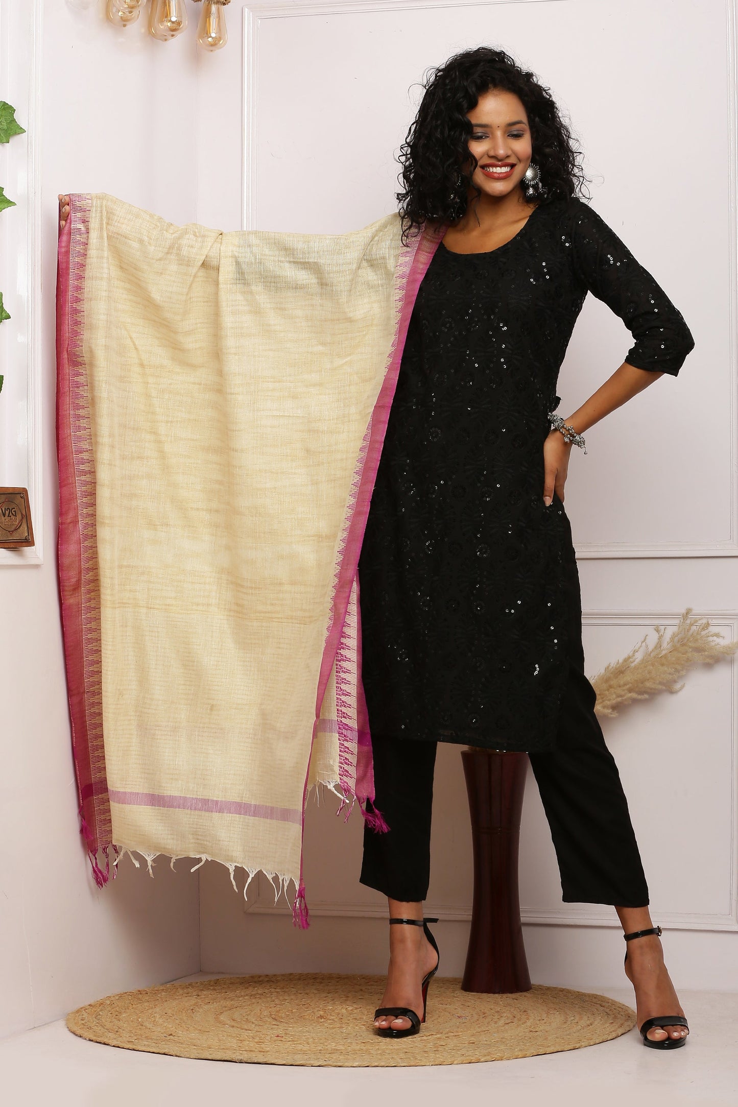 Dupatta - Cotton Dupion Silk Temple - Cream/Beige and Purple