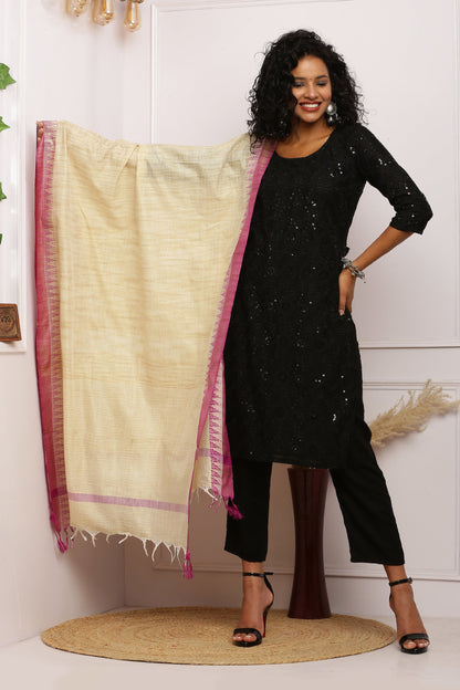 Dupatta - Cotton Dupion Silk Temple - Cream/Beige and Purple