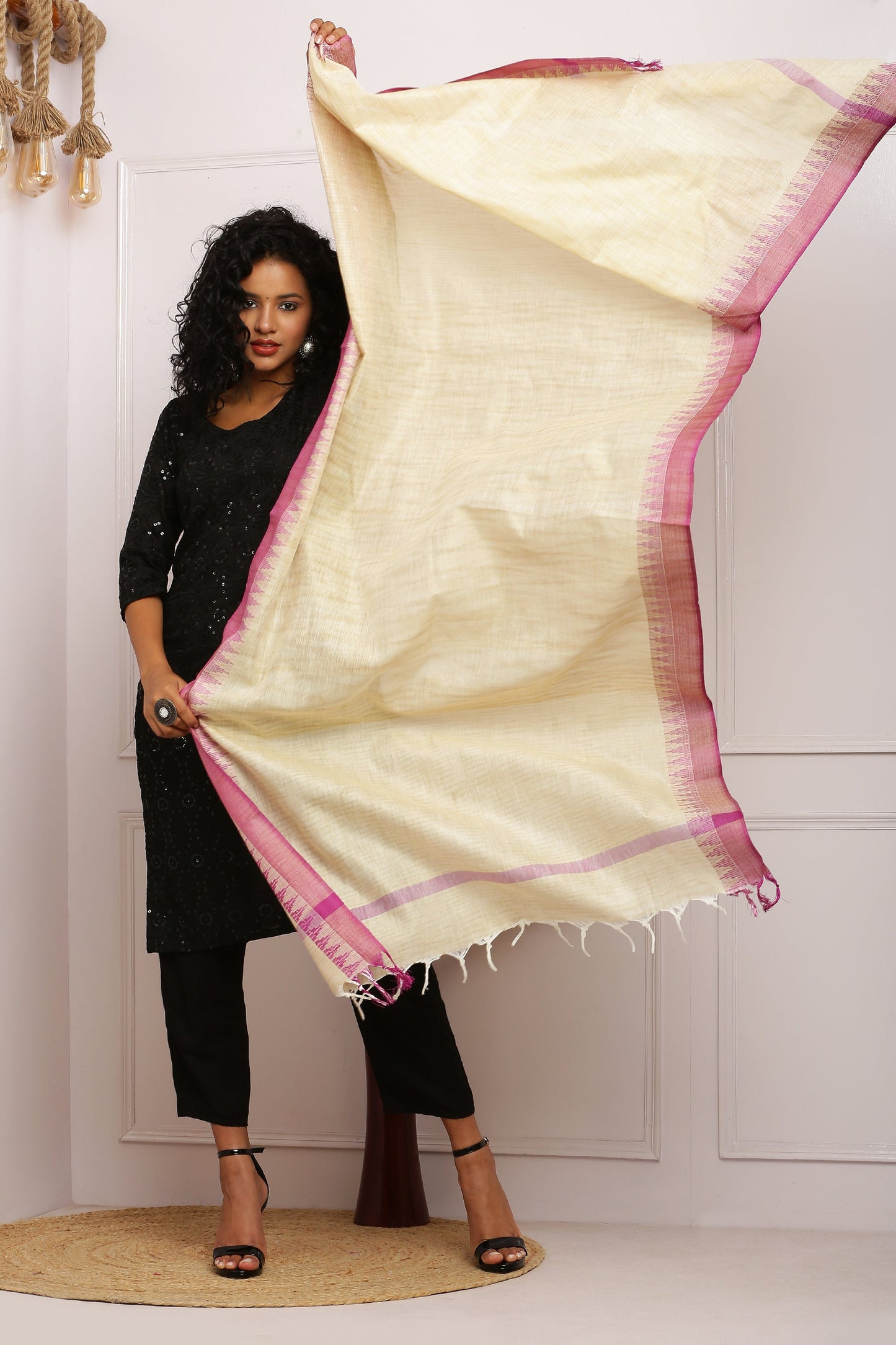 Dupatta - Cotton Dupion Silk Temple - Cream/Beige and Purple