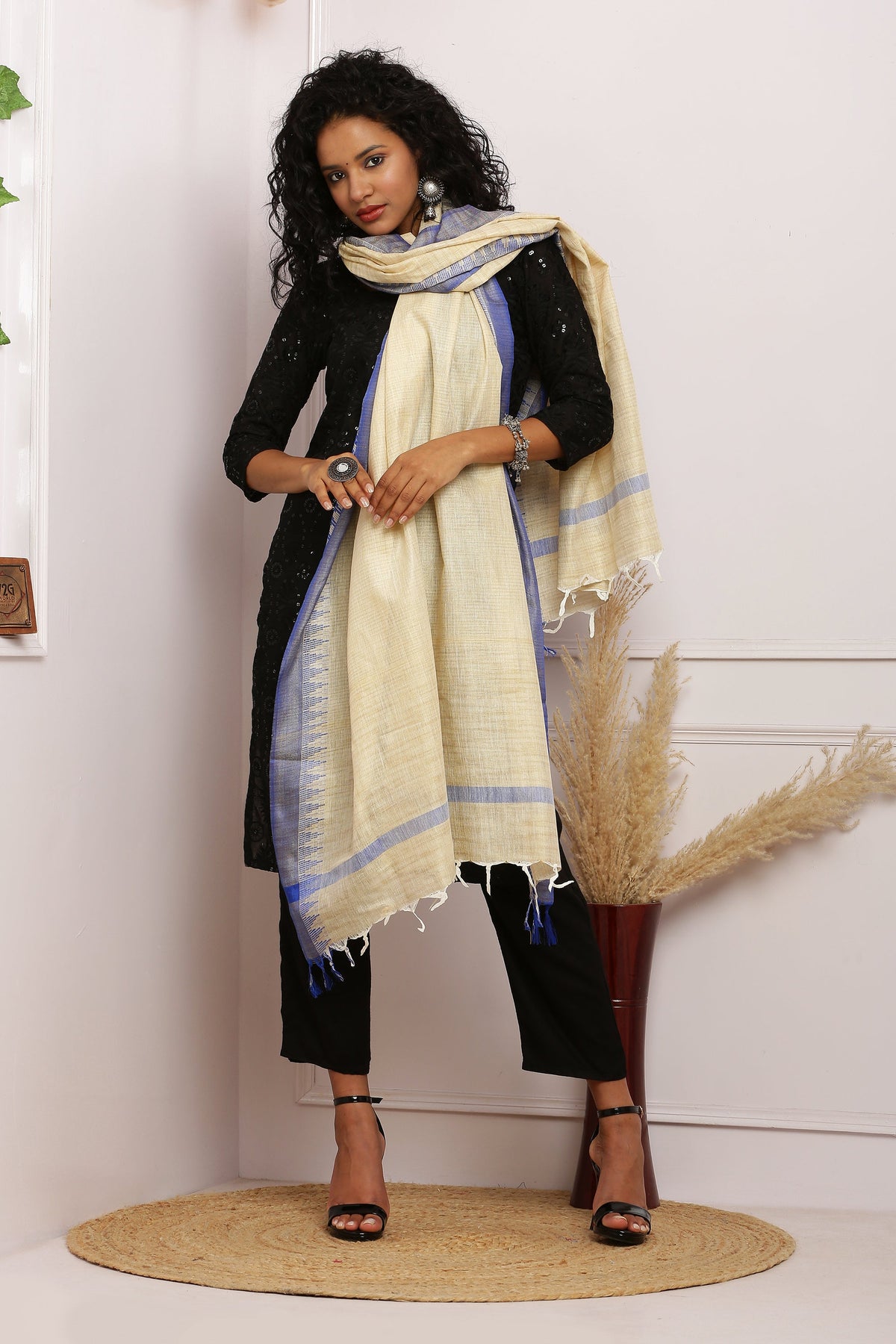 Dupatta - Cotton Dupion Silk Temple - Cream/Beige and Blue