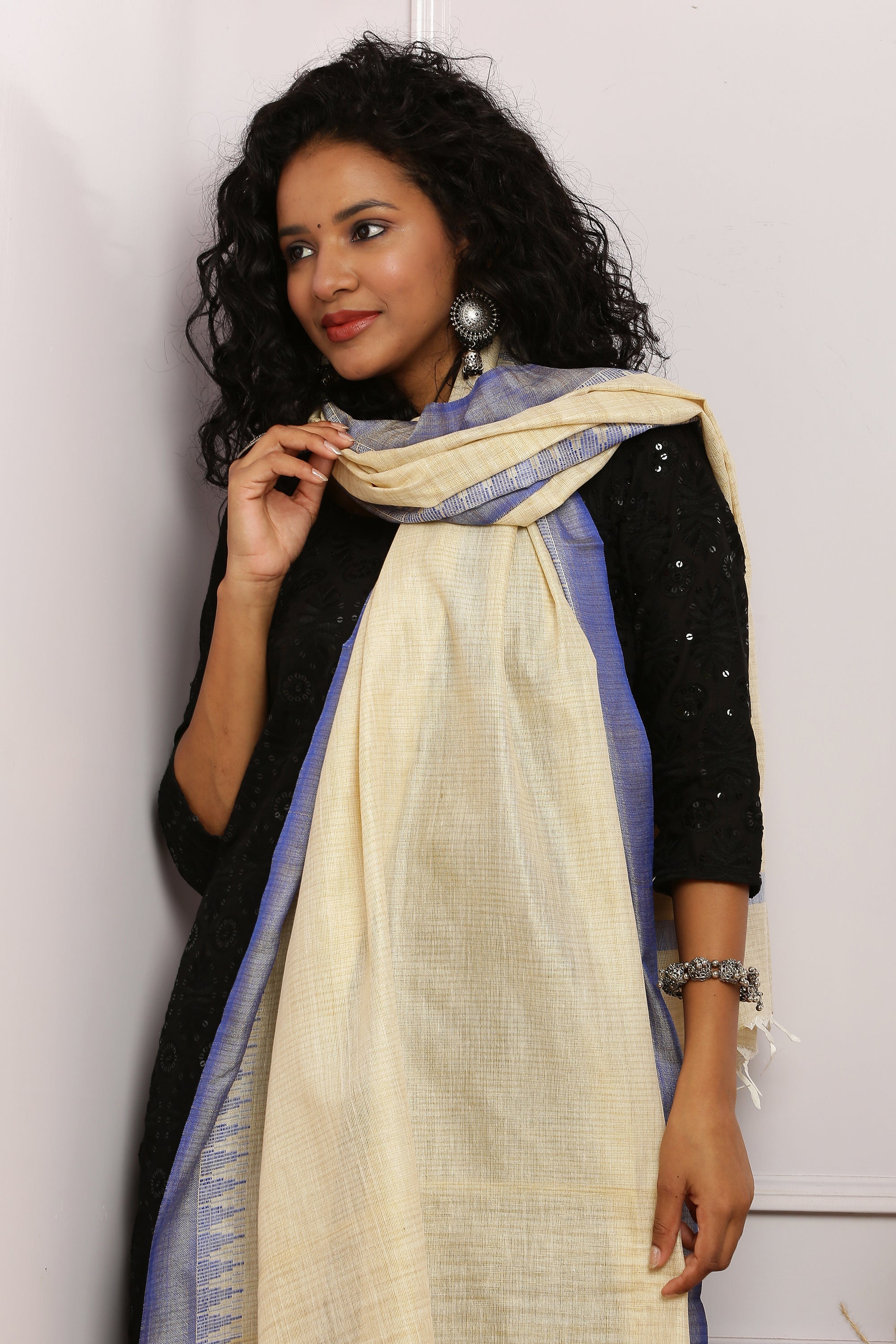 Dupatta - Cotton Dupion Silk Temple - Cream/Beige and Blue