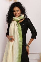 Dupatta - Cotton Dupion Silk Temple - Cream/Beige and Green