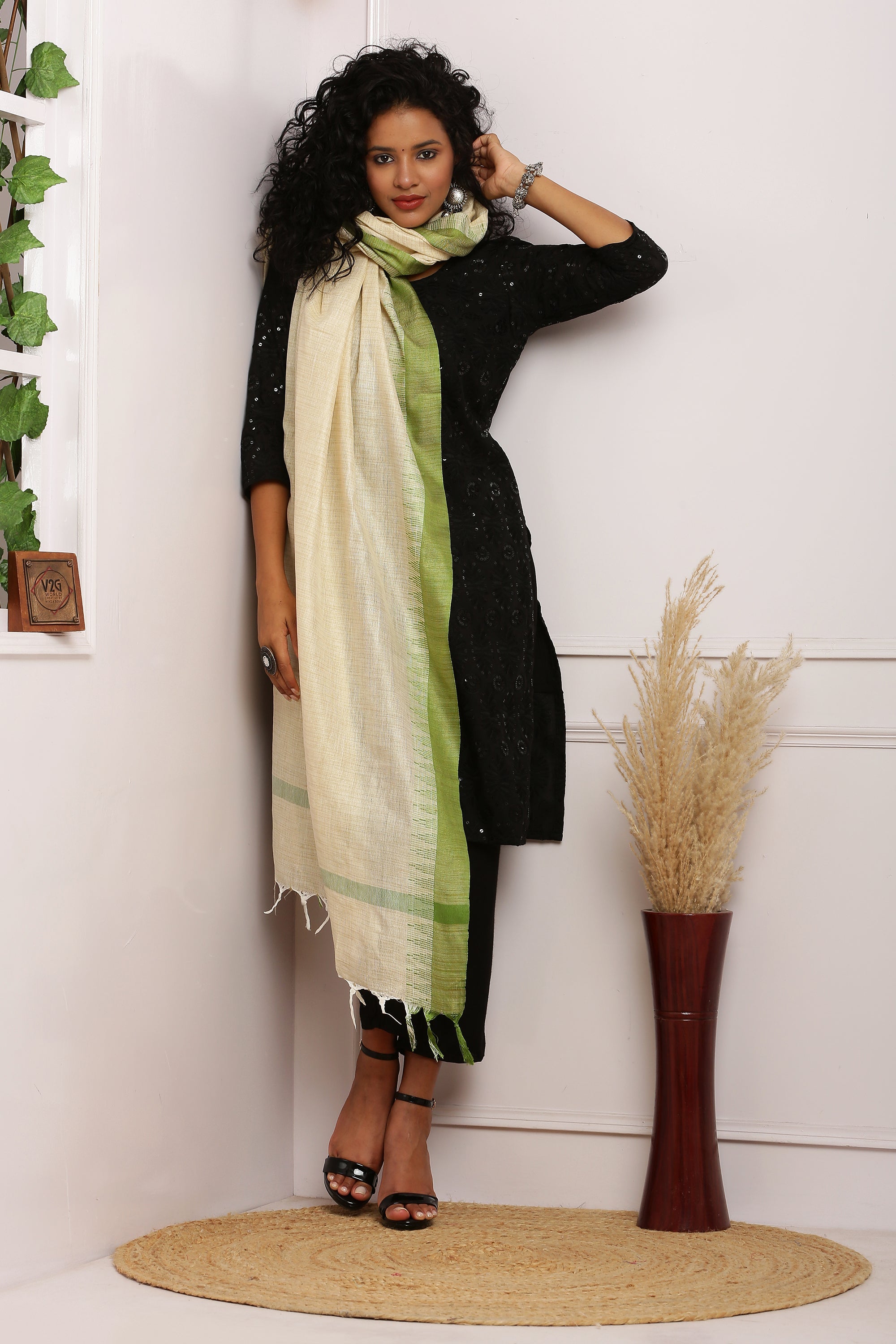 Dupatta - Cotton Dupion Silk Temple - Cream/Beige and Green