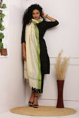 Dupatta - Cotton Dupion Silk Temple - Cream/Beige and Green