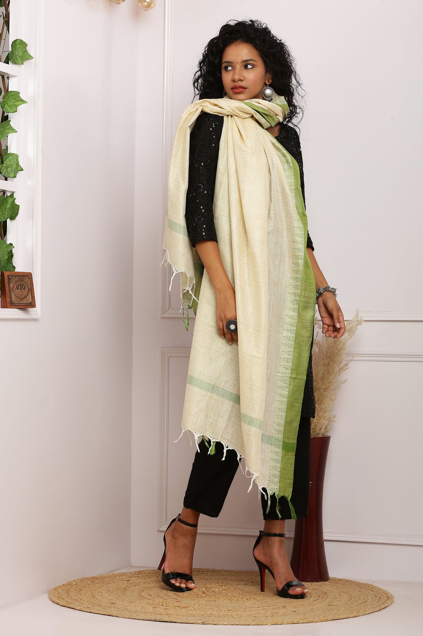 Dupatta - Cotton Dupion Silk Temple - Cream/Beige and Green