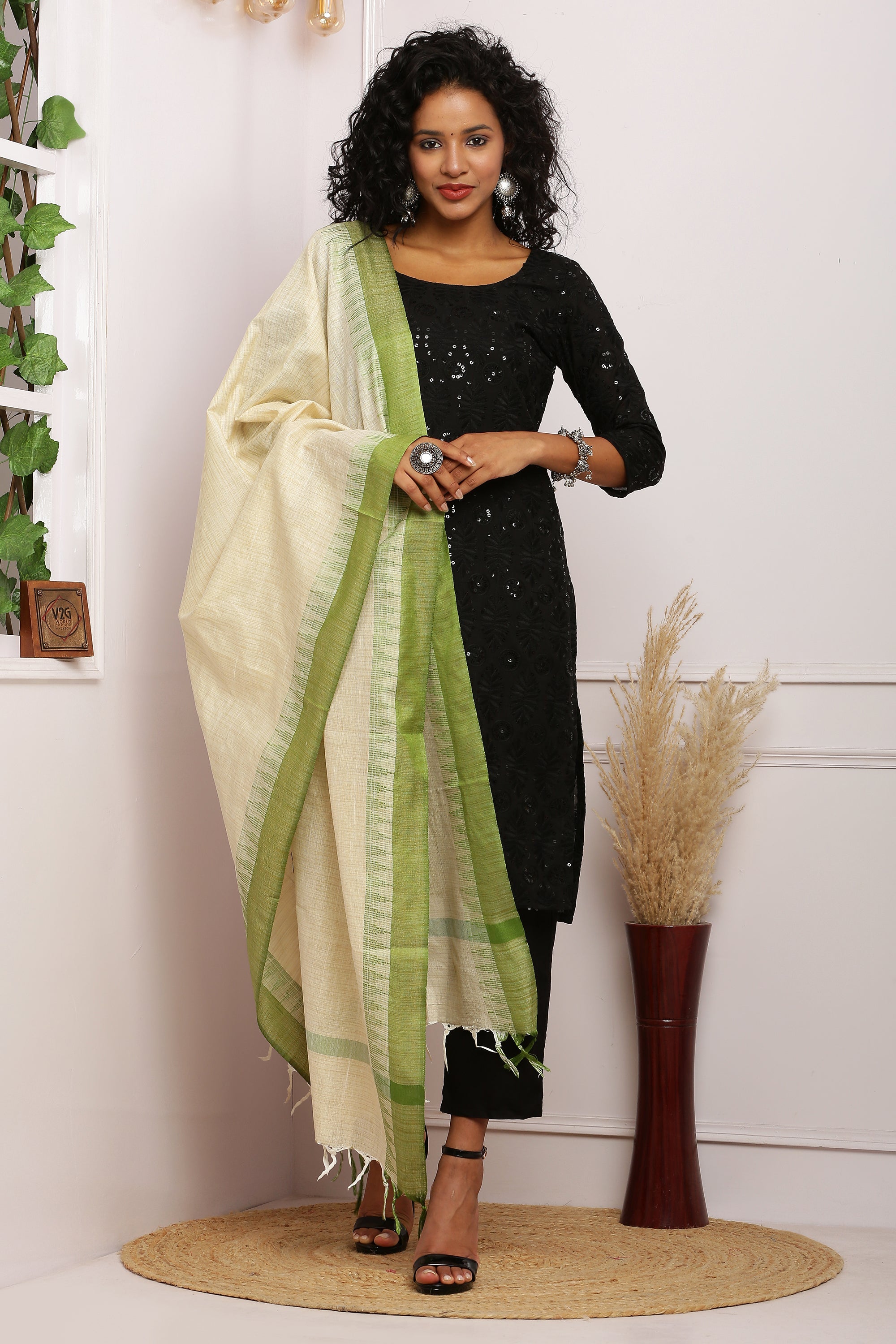 Dupatta - Cotton Dupion Silk Temple - Cream/Beige and Green