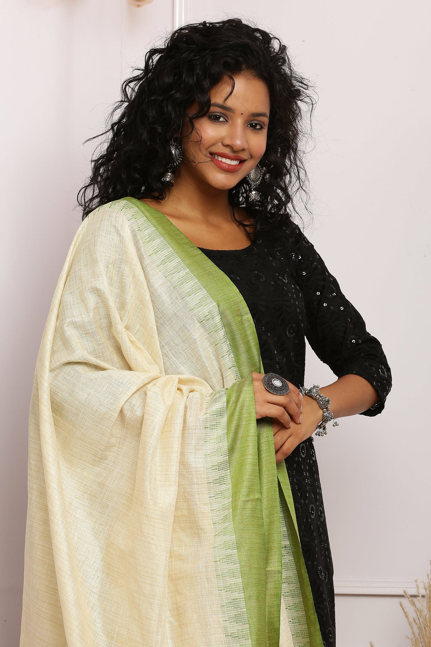 Dupatta - Cotton Dupion Silk Temple - Cream/Beige and Green