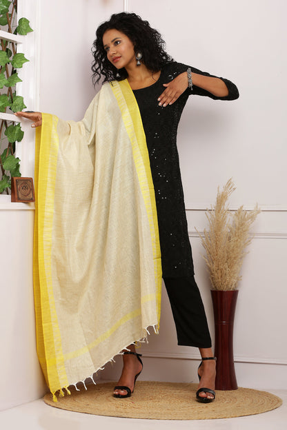 Dupatta - Cotton Dupion Silk Temple - Cream/Beige and Yellow