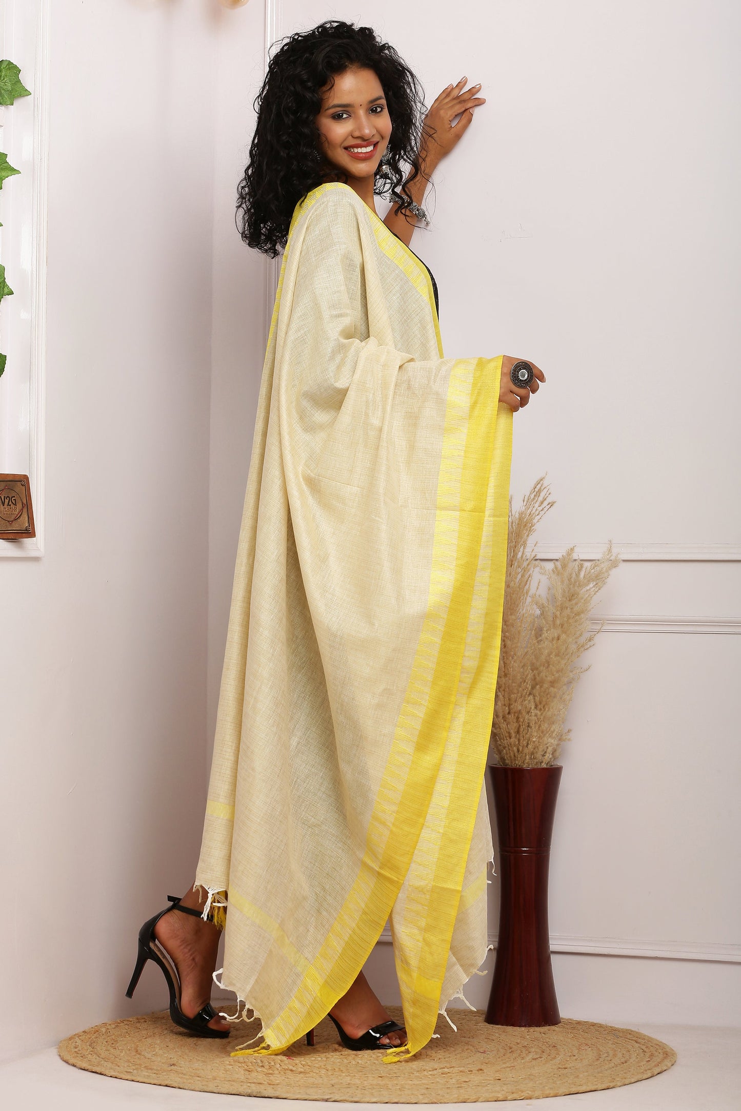 Dupatta - Cotton Dupion Silk Temple - Cream/Beige and Yellow