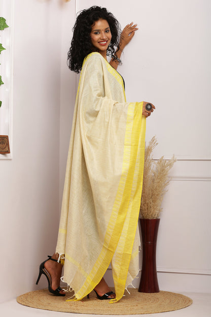 Dupatta - Cotton Dupion Silk Temple - Cream/Beige and Yellow