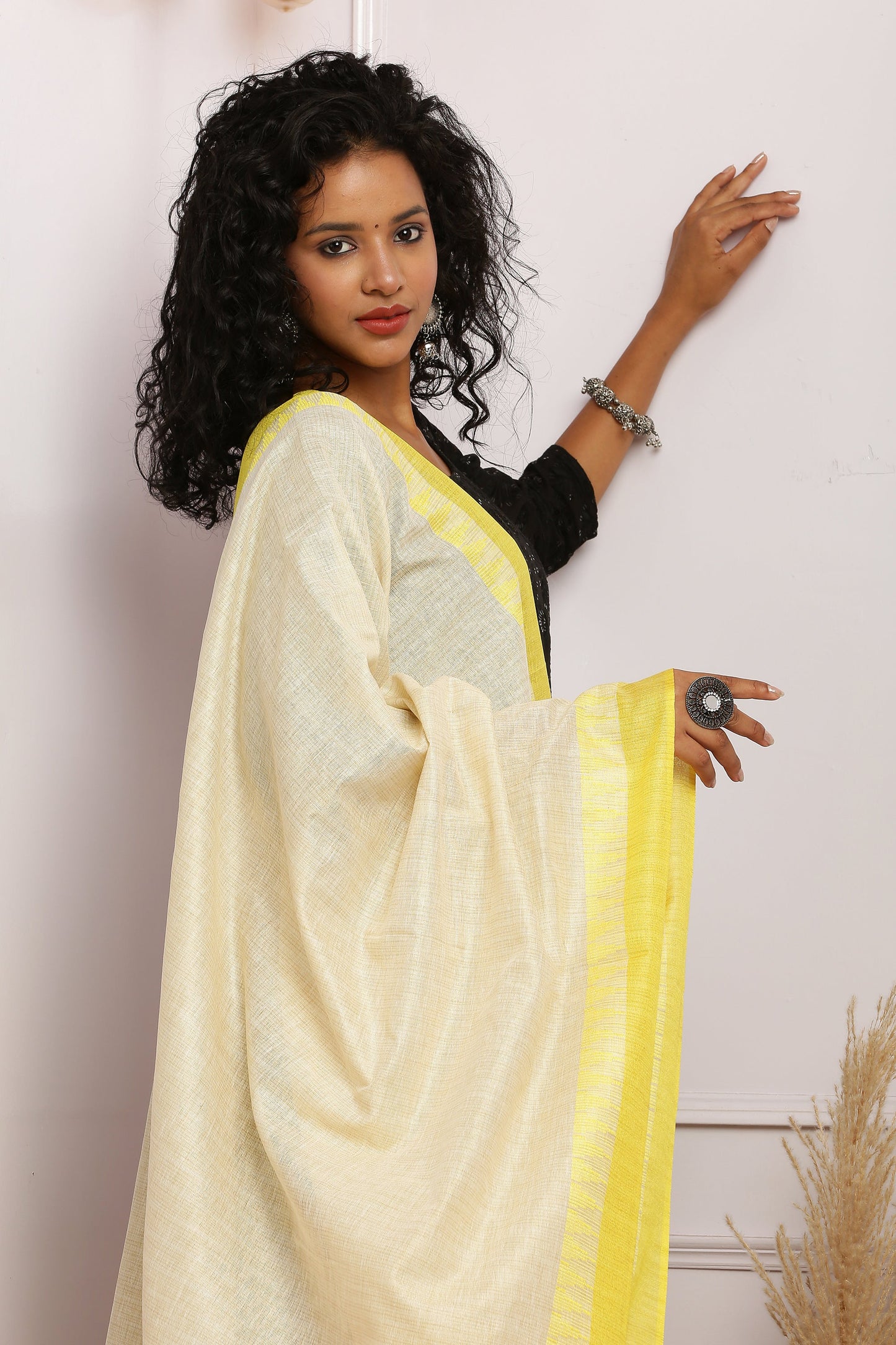 Dupatta - Cotton Dupion Silk Temple - Cream/Beige and Yellow