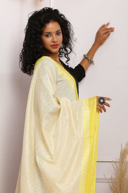 Dupatta - Cotton Dupion Silk Temple - Cream/Beige and Yellow