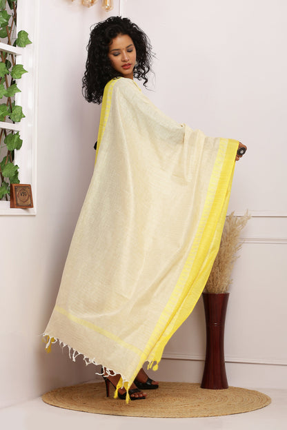 Dupatta - Cotton Dupion Silk Temple - Cream/Beige and Yellow