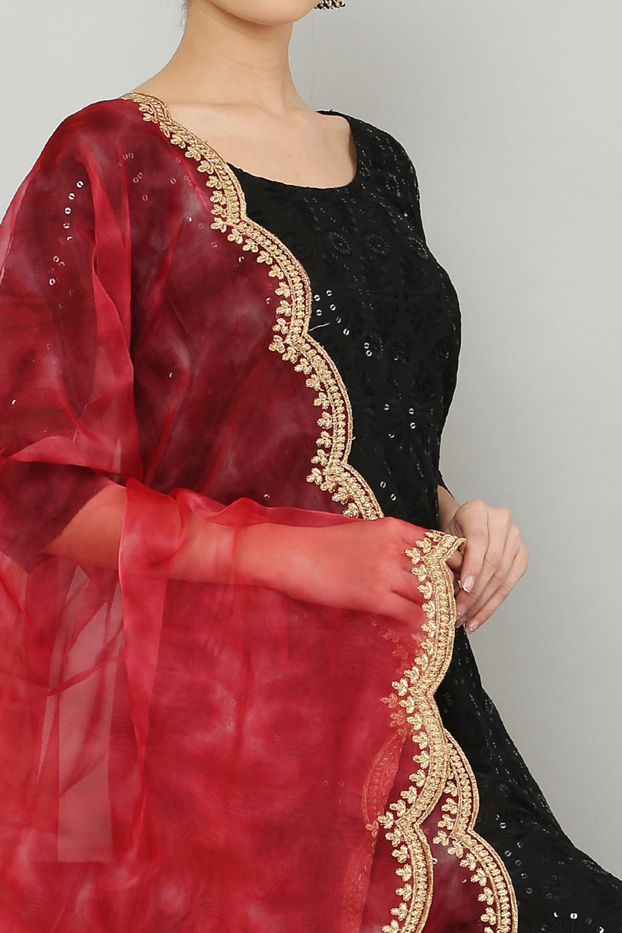 Organza Print Zari  Dupatta- Red