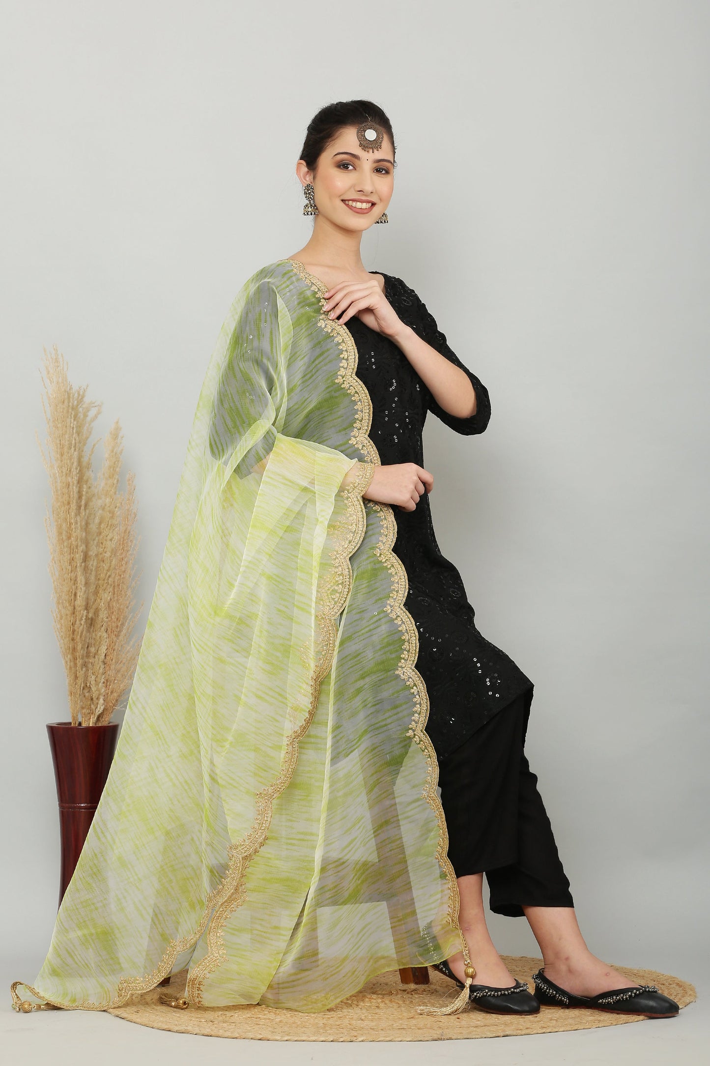 Organza Print Zari Dupatta - Green