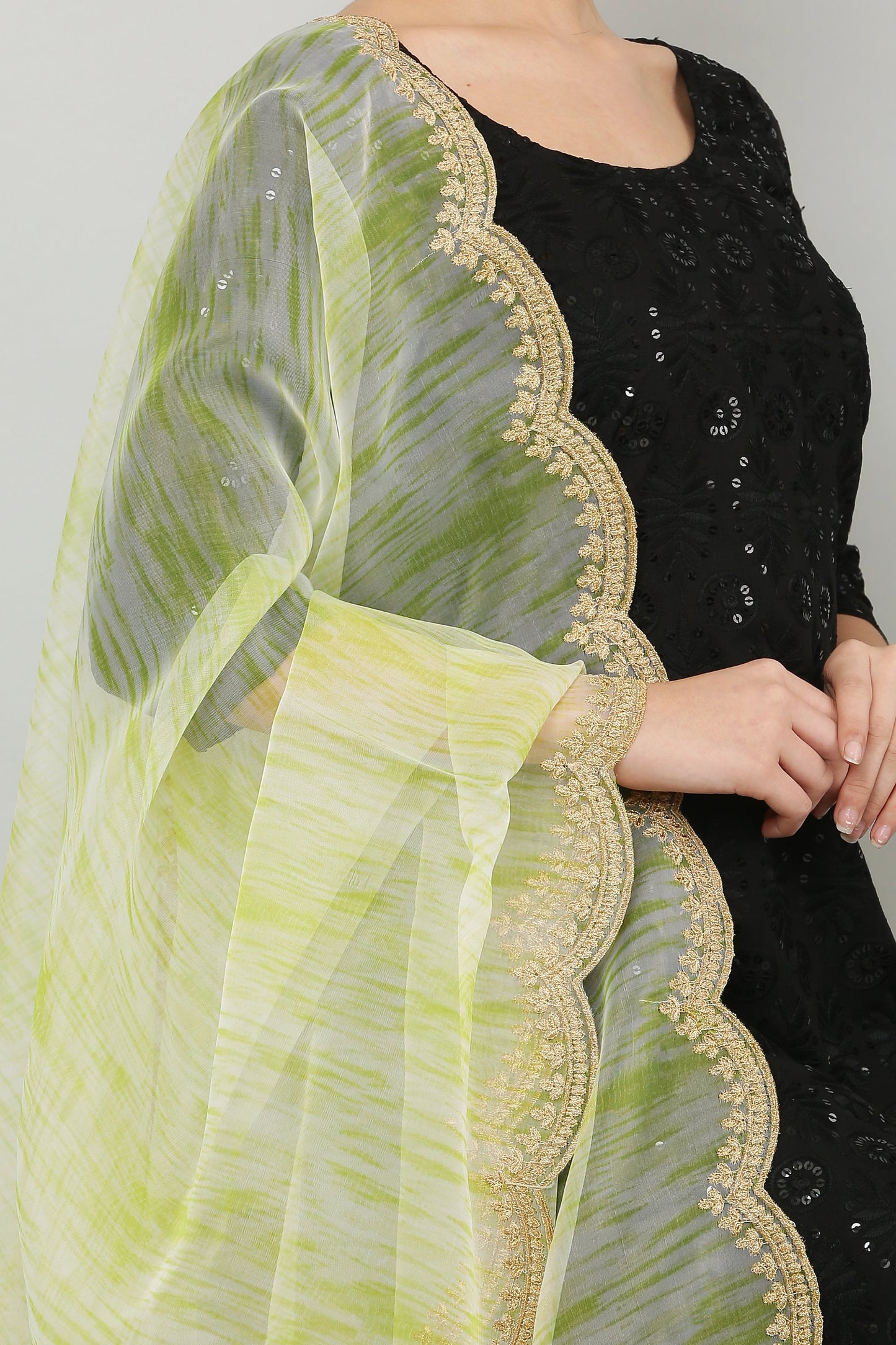 Organza Print Zari Dupatta - Green