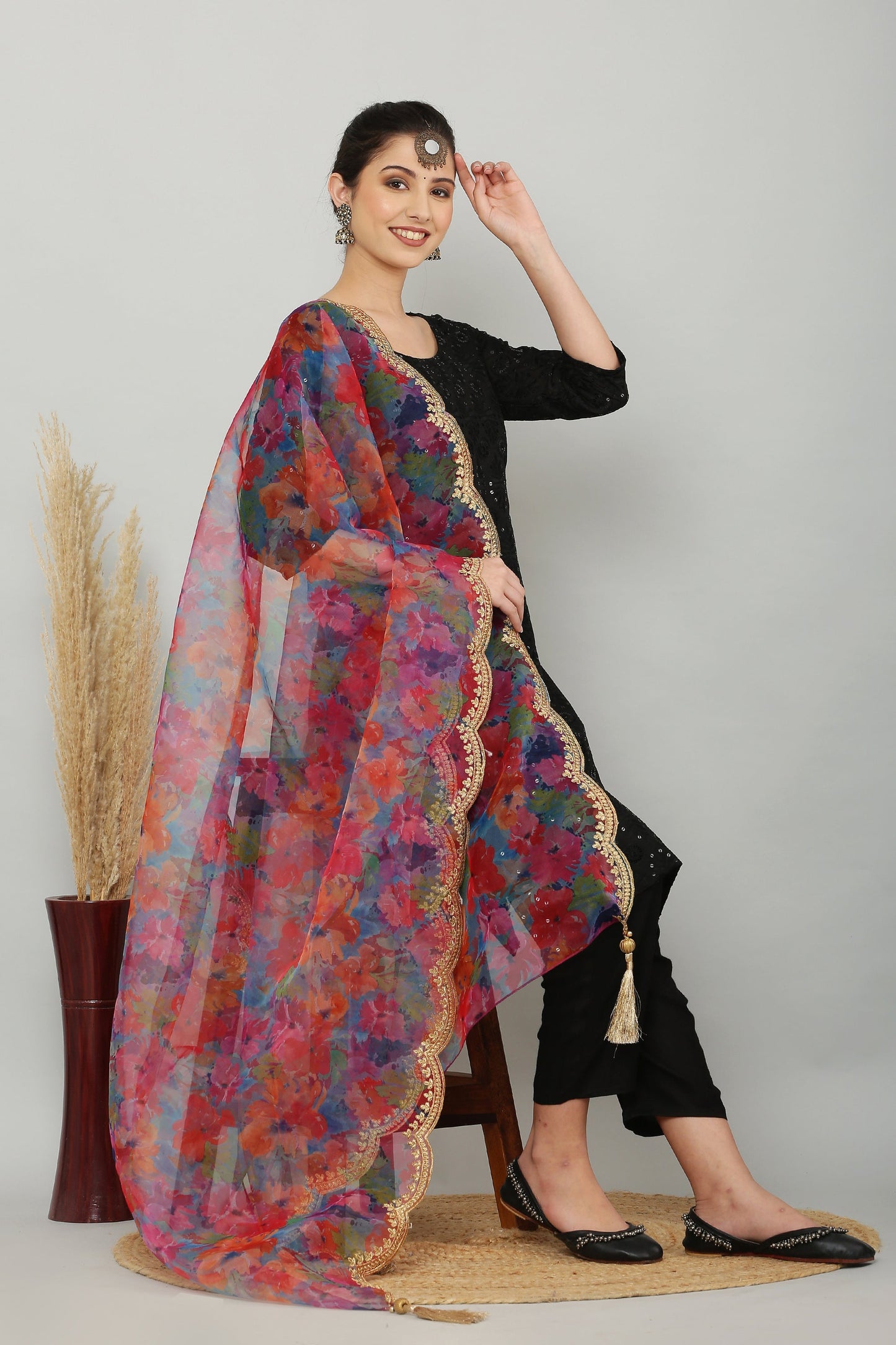 Organza Print Zari Dupatta - Multi Floral