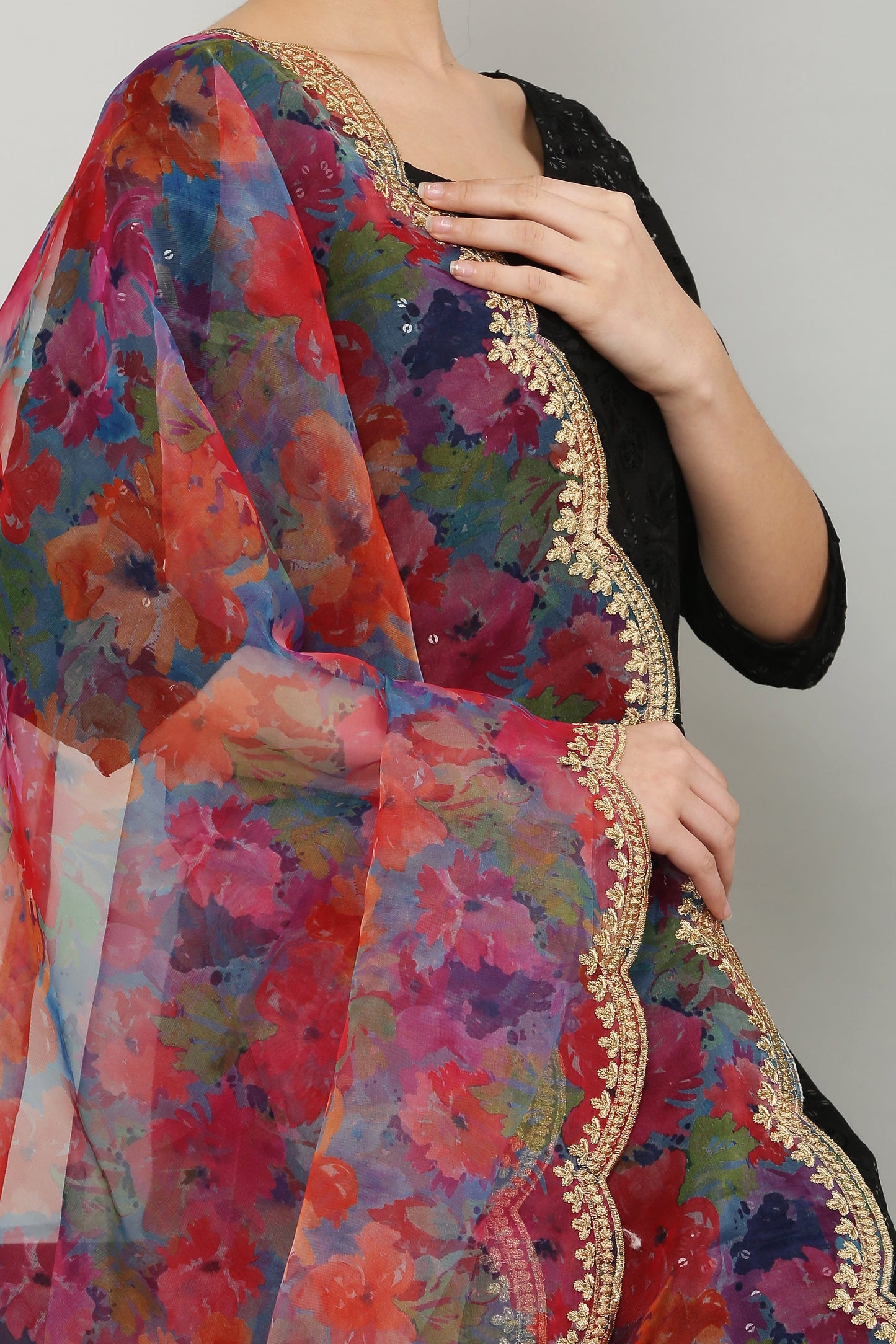 Organza Print Zari Dupatta - Multi Floral