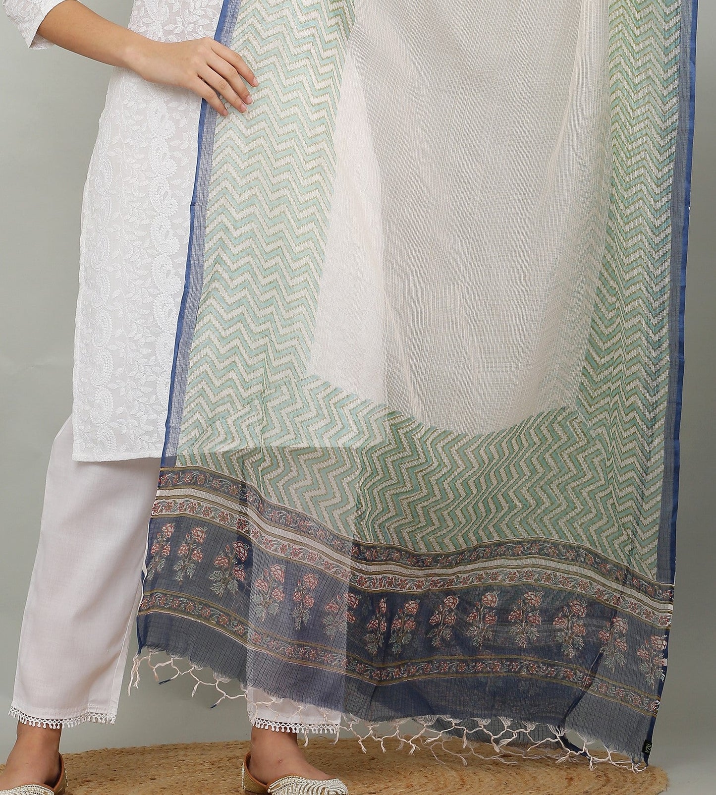 अks-Handblock Print Kota Doria Dupatta  - Green Lehriya