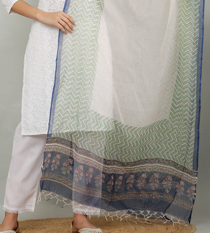 अks-Handblock Print Kota Doria Dupatta  - Green Lehriya