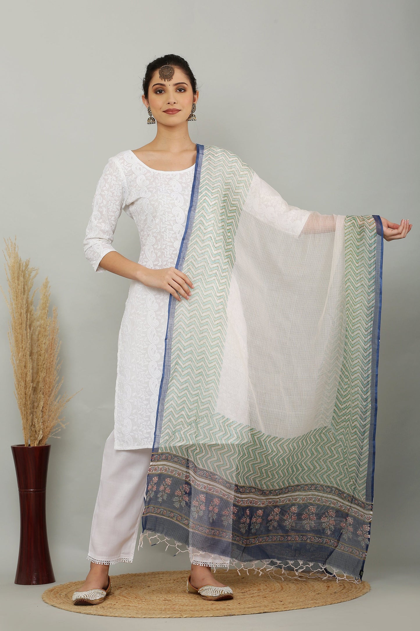 अks-Handblock Print Kota Doria Dupatta  - Green Lehriya