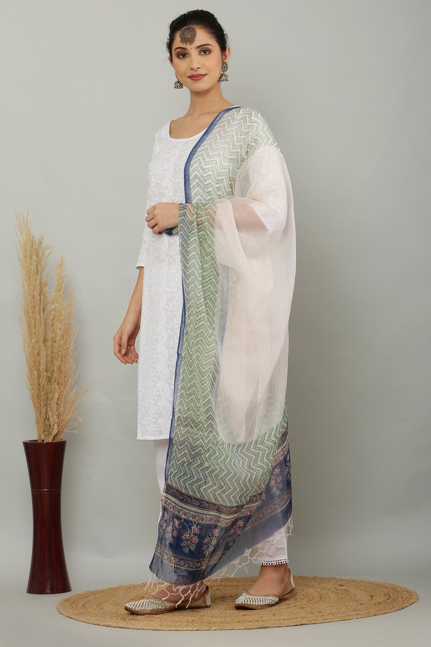 अks-Handblock Print Kota Doria Dupatta  - Green Lehriya