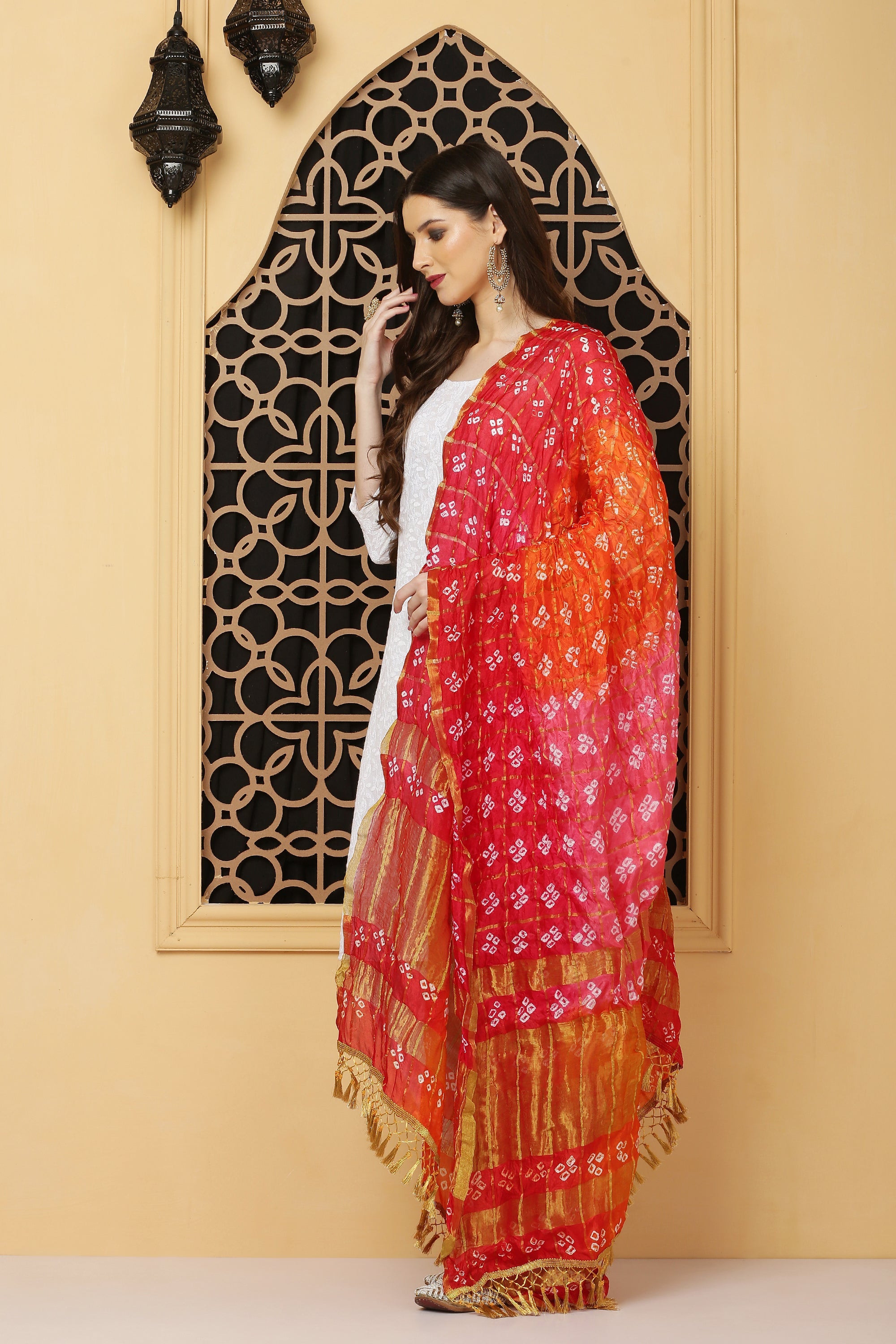 अks- Gharchola Reddish Pink n Orange Dupatta