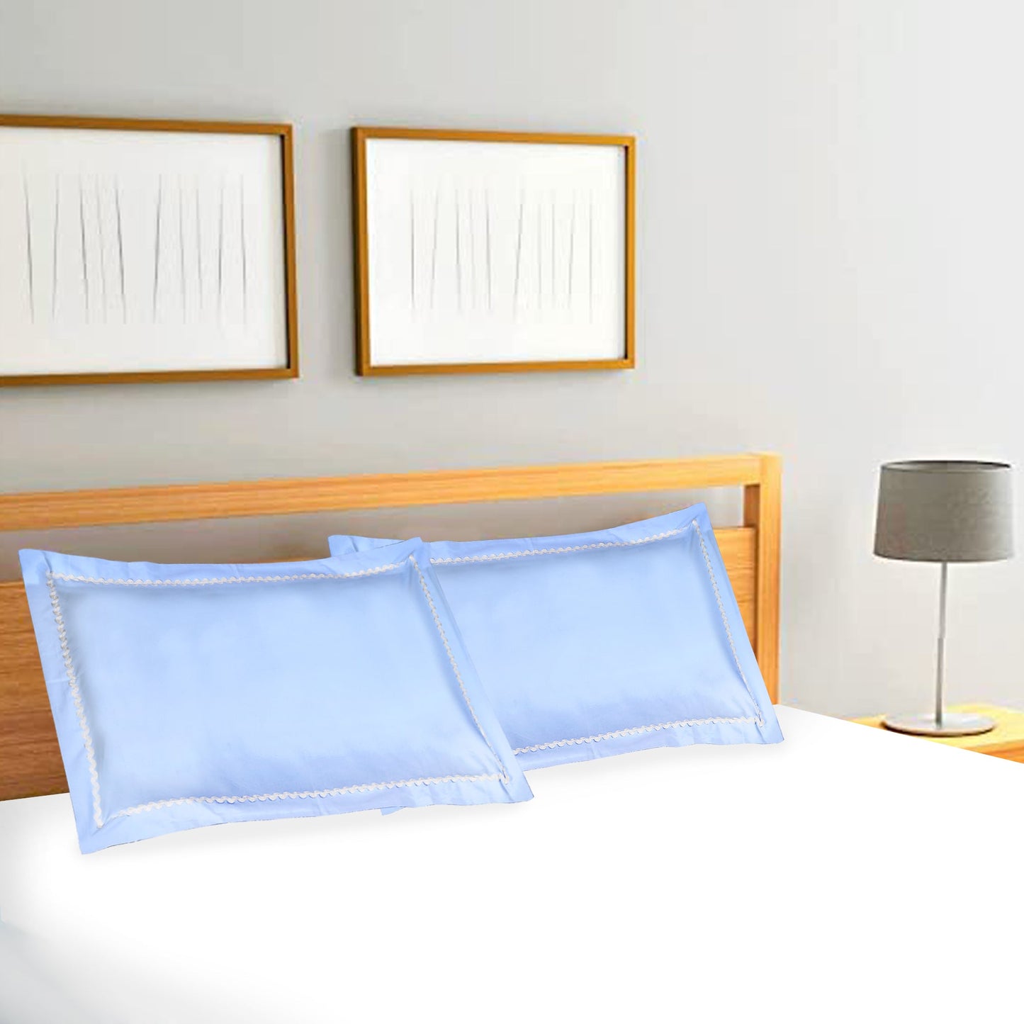Pillow Covers- Plain Color-Sky Blue with Lace- Pair